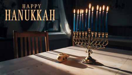 A beautifully lit menorah stands on a table, casting warm shadows and celebrating the joyous festival of Hanukkah with its rich traditions.の素材