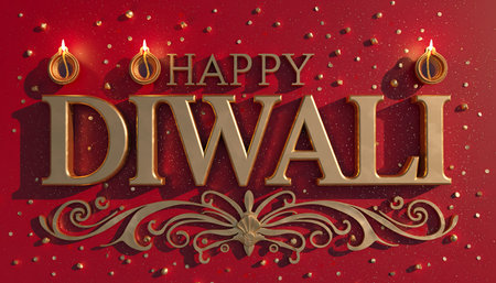 A vibrant Diwali image featuring golden Happy Diwali text, decorative swirls, and traditional oil lamps on a festive red background.の素材