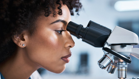 african american female scientist looking through microscope in laboratory. science and technology conceptの素材