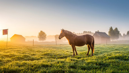 Horse in the meadow at sunrise. Rural landscape with horses.の素材
