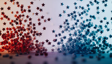 A festive image featuring red and blue star confetti scattered on a gradient background, perfect for celebrations and patriotic themes.の素材