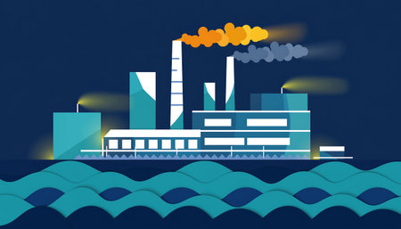 A stylized illustration depicting a factory emitting smoke, symbolizing industrial pollution and its impact on the environment and water resources.の素材