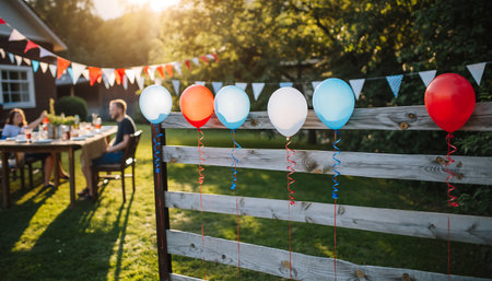A vibrant outdoor party scene with colorful balloons and pennants adorning a wooden fence, creating a festive atmosphere in a sunlit garden.の素材