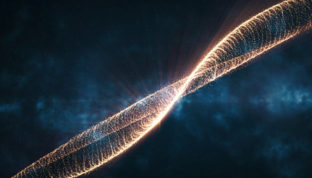 A visually striking abstract representation of a DNA strand, illuminated with glowing particles against a dark, cosmic backdrop, symbolizing science and technology.の素材