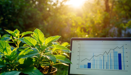 A visual representation of sustainable business growth, combining natural elements with financial charts, symbolizing a balanced and prosperous future.の素材