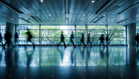 A dynamic shot capturing the blurred motion of people walking in a modern office building, emphasizing movement and activity in a corporate environment.の素材