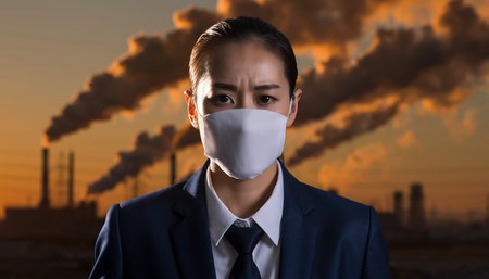 A concerned woman wearing a mask stands against a backdrop of industrial pollution, highlighting the urgent need for environmental awareness and action.の素材