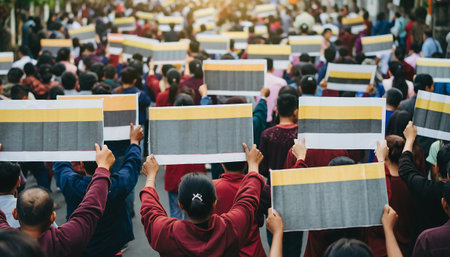 A large group of people are holding up signs at a protest or rally, showing their support for a cause or expressing their opinions.の素材