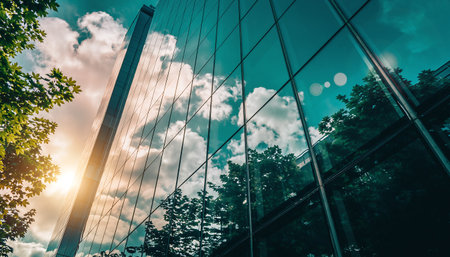 A modern buildings glass facade reflects the sky, clouds, and surrounding trees, creating a stunning visual blend of nature and architecture.の素材