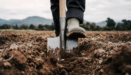 A close-up shot of a persons foot pressing down on a shovel as they dig into the soil in a field, with mountains in the background.の素材