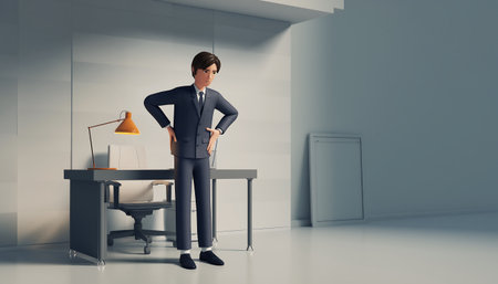 A businessman in a suit stands in his office with his hands on his hips, looking down, with a desk and lamp behind him.の素材