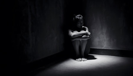 A poignant black and white image capturing the fear and isolation of a child huddled in a dark corner, symbolizing childhood trauma and vulnerability.の素材