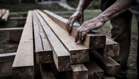 A carpenter carefully selects lumber for a construction project, showcasing the texture and grain of the wood in a close-up view.の素材