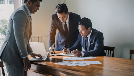 Three business professionals are collaborating on a project in the office, reviewing documents and using a laptop to analyze data.の素材