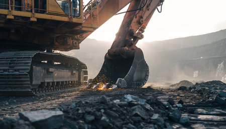 A powerful excavator digs into the earth, extracting resources in an industrial setting. The scene captures the essence of industry and resource extraction.の素材