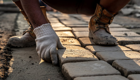 A skilled worker carefully places paving stones, ensuring a level and durable surface for a pedestrian walkway, showcasing craftsmanship and attention to detail.の素材