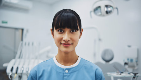 A close-up portrait of a young, confident female dentist in her modern and well-equipped dental clinic, ready to provide excellent patient care.の素材