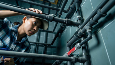 A plumber intently examines a network of pipes in an industrial environment, ensuring proper function and maintenance.の素材
