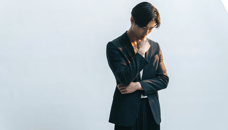 A stylish Asian man in a dark suit stands against a white background, his head bowed in contemplation, conveying a sense of introspection and focus.の素材