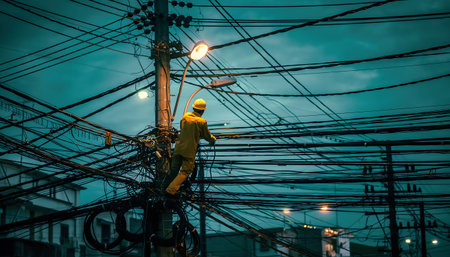 An electrician in protective gear works on high-voltage power lines at dusk, highlighting the challenges and risks of maintaining electrical infrastructure.の素材