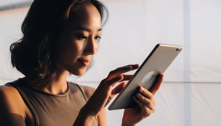 A focused Asian woman is using her tablet for business communication, showcasing modern technology and professional lifestyle in a bright, contemporary setting.の素材