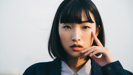 A striking portrait of a young Asian woman with a direct and intense gaze, conveying a sense of seriousness and focus.の素材