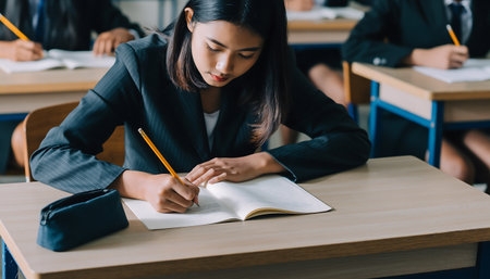 A young student is deeply focused on her work, writing in a notebook at her desk in a classroom setting, showcasing dedication and concentration.の素材