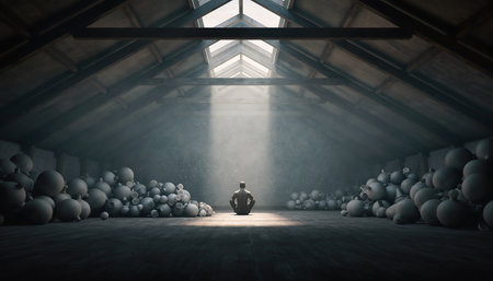 A lone figure sits in a vast, dimly lit space, illuminated by a single beam of light, surrounded by piles of spherical objects, evoking contemplation and focus.の素材