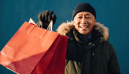 A smiling Asian man in winter clothing stands against a blue background, holding shopping bags, enjoying a day out.の素材