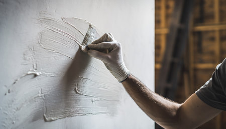 Close-up of a hand applying plaster to a wall, showcasing the process of interior renovation and the creation of textured surfaces.の素材