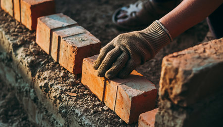 A gloved hand carefully places a brick on a bed of mortar, showcasing the meticulous process of bricklaying and construction.の素材