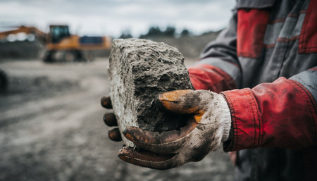 A worker in protective gear holds a piece of coal, showcasing the raw material in an industrial setting. The background features heavy machinery.の素材