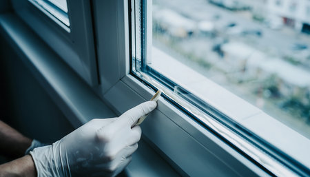A gloved hand points to the seal of a window frame, possibly checking for drafts or damage in a home or building.の素材
