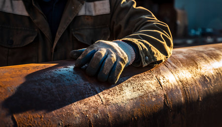 A worker in protective gear carefully inspects a large metal pipe, running their gloved hand along its surface to check for imperfections.の素材