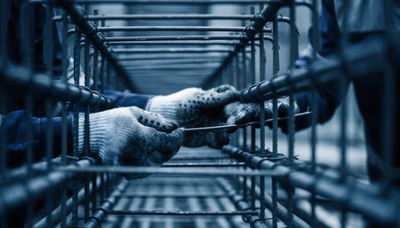 A construction worker is shown securing rebar with wire ties, preparing for a concrete pour on a construction site. Focus is on the hands and rebar.の素材