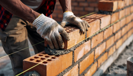 A skilled bricklayer is shown carefully laying bricks to construct a sturdy wall, showcasing craftsmanship and attention to detail in construction.の素材