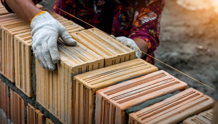 A skilled bricklayer carefully lays bricks to construct a sturdy wall, showcasing craftsmanship and attention to detail in building construction.の素材