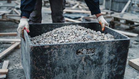 A construction worker is shown carrying a container filled with gravel on a construction site, indicating manual labor and construction processes.の素材