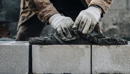 A bricklayer is laying bricks with mortar, using his hands to smooth the mortar and ensure a strong bond between the bricks.の素材