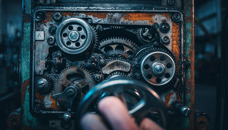A detailed view of an old machine with visible gears and a hand operating a lever, showcasing industrial heritage.の素材