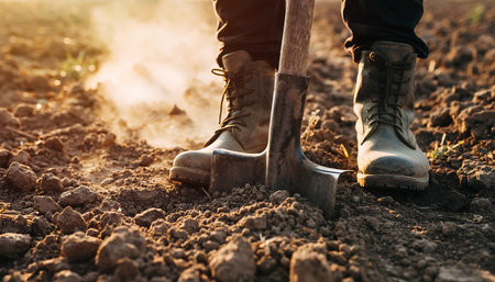 A close-up shot of a farmers boots and shovel digging into the soil in a field, highlighting the hard work and dedication of agriculture.の素材