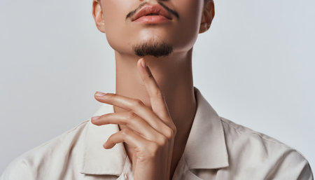 Close-up portrait of a stylish man with a mustache and goatee, thoughtfully touching his chin against a neutral background.の素材