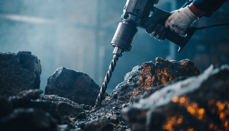A close-up shot of a worker using a powerful drill to break through rock, showcasing the intensity and precision of industrial work.の素材