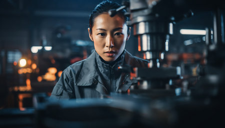A determined Asian woman is focused on her work in a factory setting, showcasing her dedication and skill in the industrial environment.の素材