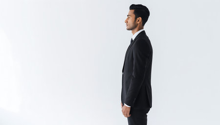 A side view of a young businessman in a black suit, standing against a clean white background, showcasing professionalism and focus.の素材