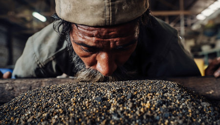 A man with a focused expression is closely examining and sorting through a pile of small, dark materials, possibly in an industrial or manufacturing setting.の素材