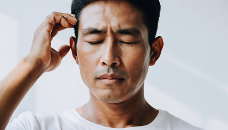 A man with his eyes closed, hand on his head, is concentrating deeply, lost in thought, trying to focus and find a solution.の素材