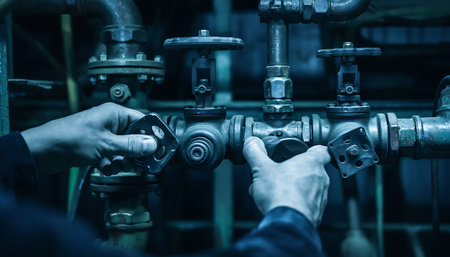 Close-up of hands manipulating valves on a complex industrial piping system, highlighting precision and control in a blue-toned environment.の素材