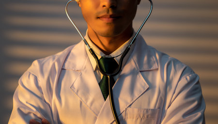 A dedicated doctor in a white coat with a stethoscope, ready to provide healthcare and medical assistance to patients in need.の素材