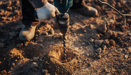 A close-up shot of a person drilling into the earth, showcasing soil exploration and the process of creating a hole in the ground.の素材